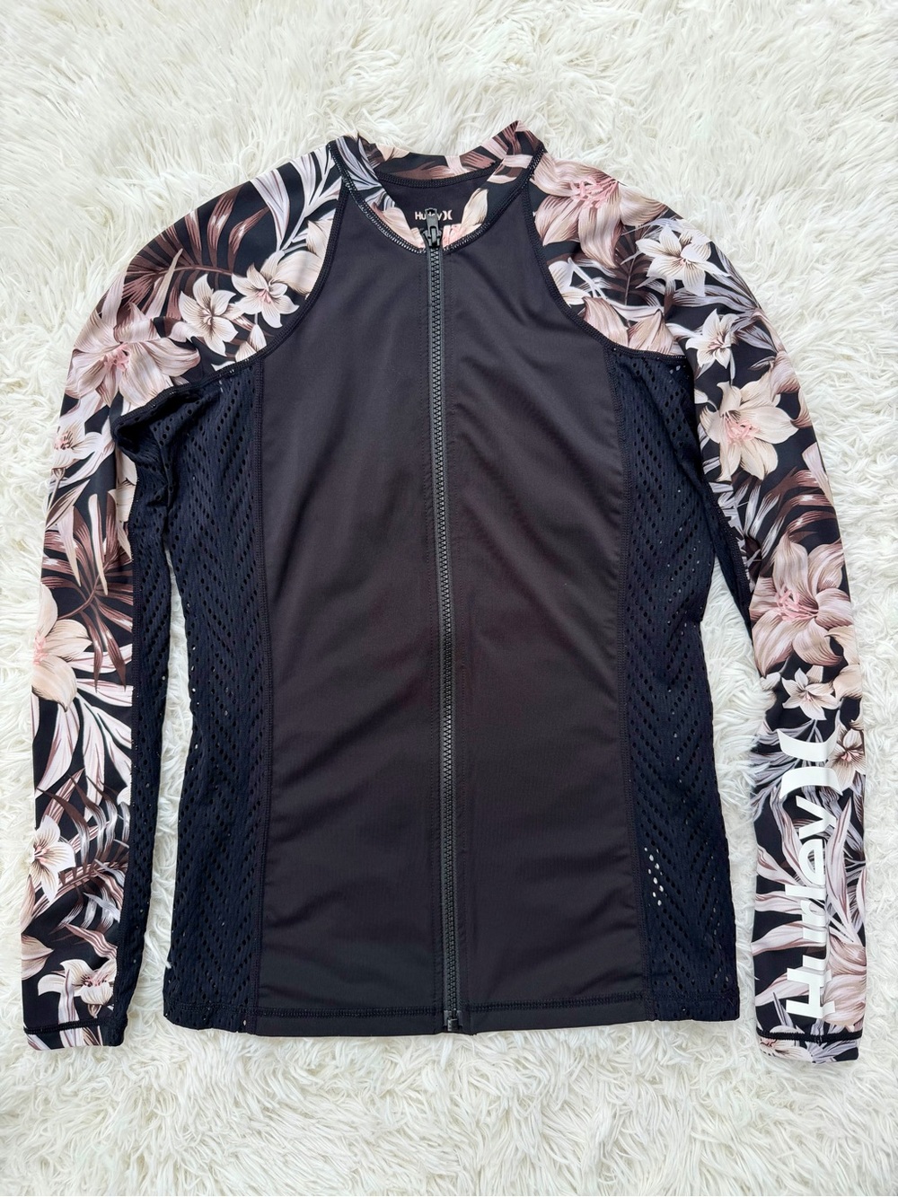 Hurley Black Swim Zip Longsleeve Hawaiian Floral Sleeves Size XS